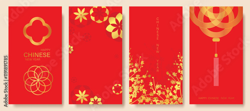 Chinese New Year 2025 hongbao red envelope design vector. Collection of Chinese festival with Chinese hanging, peony flower, pattern. Elegant oriental illustration for angpao, cover, calendar, ads. photo