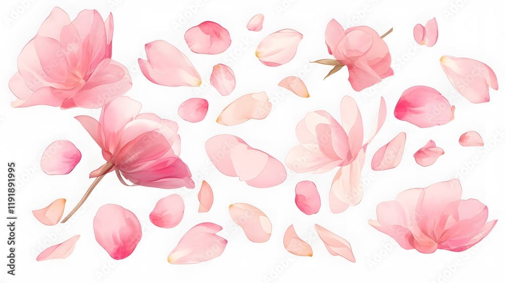 An elegant collection of soft pink flower petals isolated on a transparent background. An elegant collection of soft pink flower petals isolated on a transparent background.
