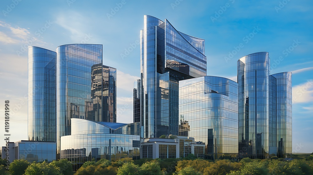 Obraz premium Modern glass skyscrapers cityscape, urban development, sunny day, treetops background. Use Architecture, real estate, city planning