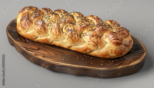 A freshly baked braided bread loaf with poppy seeds on a wooden serving board. photo