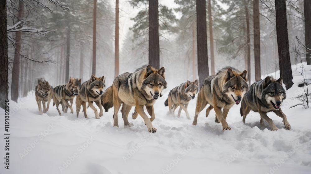 Naklejka premium A Pack of Wolves Run Through a Snowy Forest Hunting for Prey