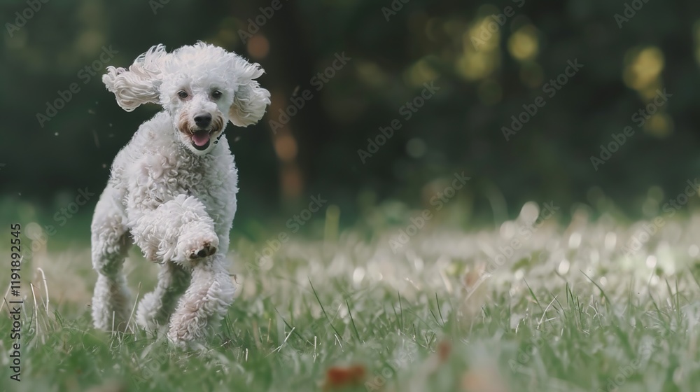 Energetic white poodle running joyfully on the lush green grass, showing its lively and active nature. A charming sight of a pet in an open space. Energetic white poodle running joyfully on the lush green grass, showing its lively and active nature. A charming sight of a pet in an open space.