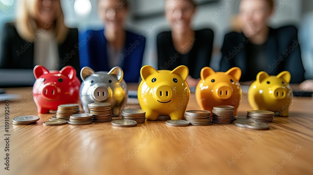 Obraz premium Parents teaching kids about savings, coins and piggy banks on a wooden table.