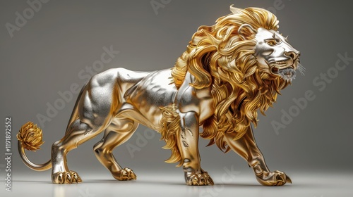 A stylized lion sculpture in metallic gold and silver, showcasing artistic craftsmanship.