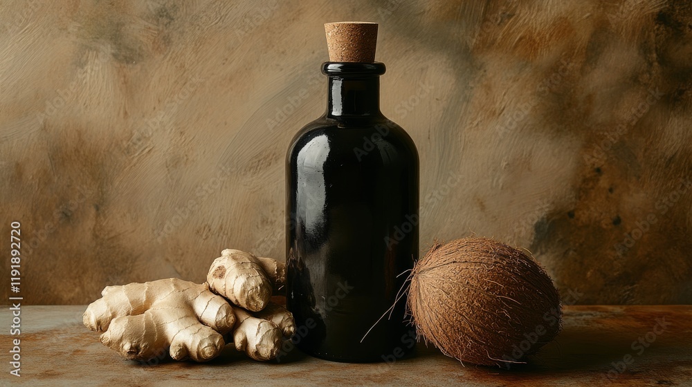 Naklejka premium 85.Black Bottle with Coconuts and Ginger on Brown Background