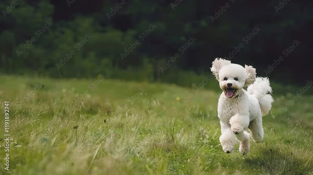 Energetic white poodle running joyfully on the lush green grass, showing its lively and active nature. A charming sight of a pet in an open space. Energetic white poodle running joyfully on the lush green grass, showing its lively and active nature. A charming sight of a pet in an open space.