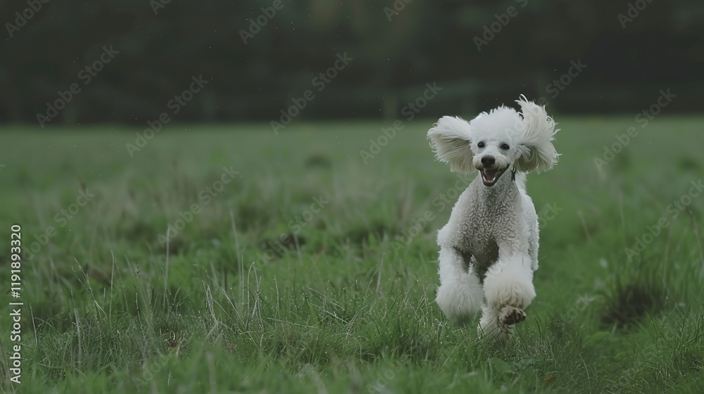 Energetic white poodle running joyfully on the lush green grass, showing its lively and active nature. A charming sight of a pet in an open space. Energetic white poodle running joyfully on the lush green grass, showing its lively and active nature. A charming sight of a pet in an open space.