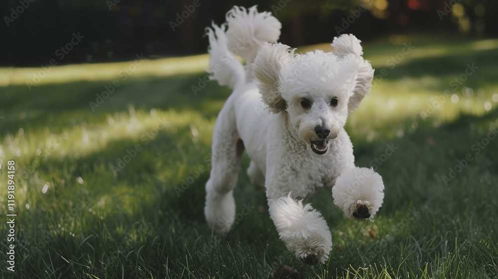 Energetic white poodle running joyfully on the lush green grass, showing its lively and active nature. A charming sight of a pet in an open space. Energetic white poodle running joyfully on the lush green grass, showing its lively and active nature. A charming sight of a pet in an open space.