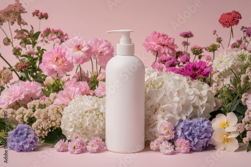 Skincare Bottle with Lush Floral Backdrop photo