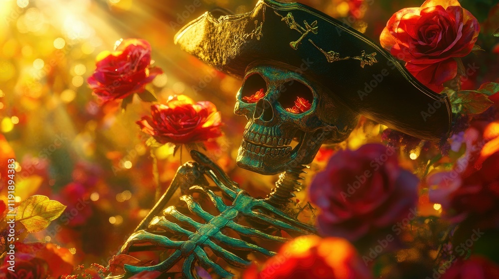 Naklejka premium Skeleton in a pirate hat surrounded by vibrant red roses, bathed in golden sunlight, dramatic shadows, vivid colors.