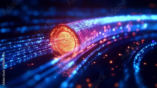 Experience a stunning visualization of fiber optics facilitating high-speed information transfer in a vibrant, futuristic backdrop. The dynamic motion highlights the incredible technology
