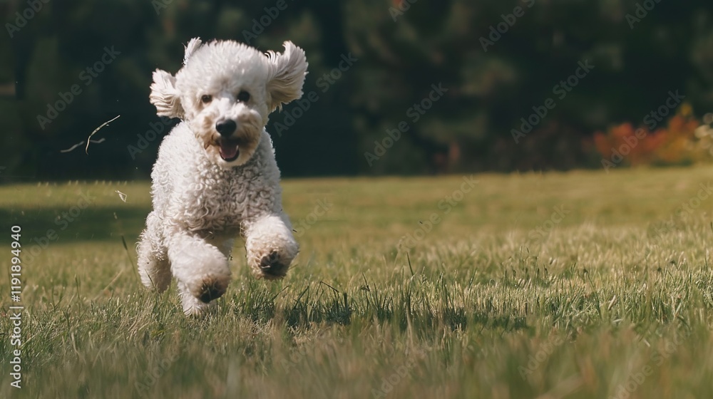 Energetic white poodle running joyfully on the lush green grass, showing its lively and active nature. A charming sight of a pet in an open space. Energetic white poodle running joyfully on the lush green grass, showing its lively and active nature. A charming sight of a pet in an open space.