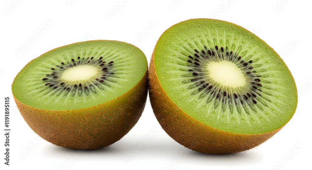 A solitary kiwi fruit, halved, is displayed against a white background.
A solitary kiwi fruit, halved, is displayed against a white background.