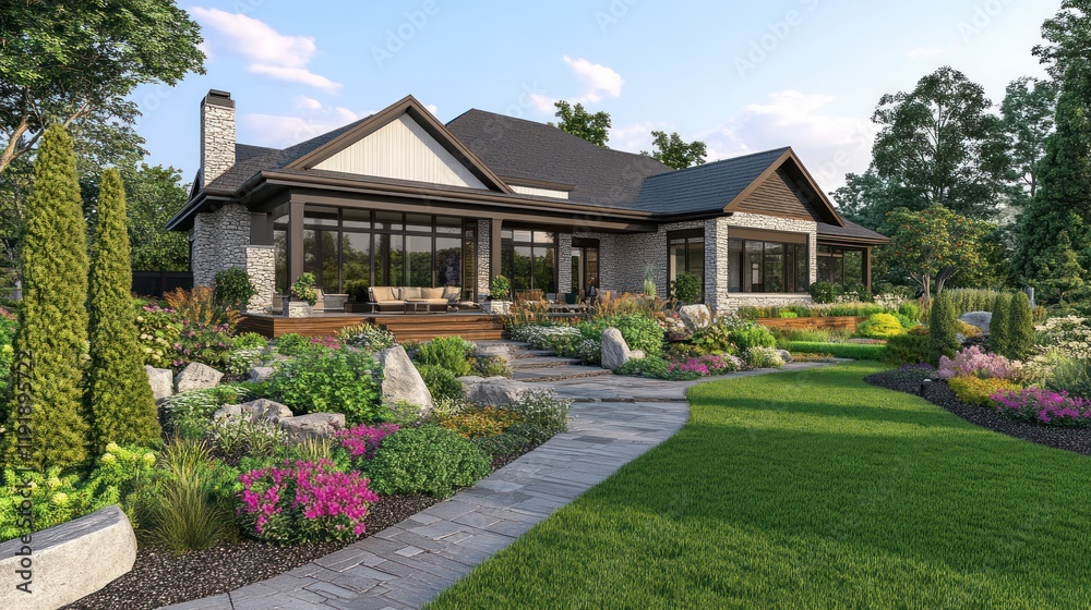 A nature-inspired 3D home design highlighting lush landscaping and spacious outdoor areas A nature-inspired 3D home design highlighting lush landscaping and spacious outdoor areas