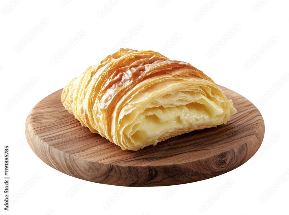 Fototapeta premium A croissant filled with cream on a round wooden board is isolated on a transparent background.