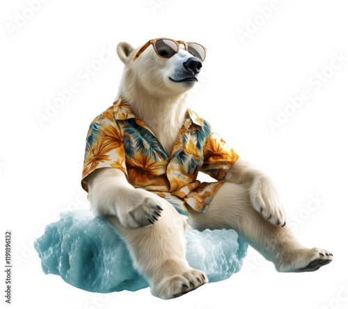 A polar bear wearing a Hawaiian shirt and sunglasses sits on a chunk of ice, isolated on a transparent background.