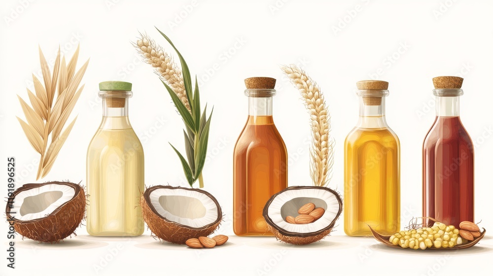 53.A vector composition of almond, coconut, and corn oil bottles, each uniquely designed with natural elements like kernels, coconut halves, and almond branches. 53.A vector composition of almond, coconut, and corn oil bottles, each uniquely designed with natural elements like kernels, coconut halves, and almond branches.
