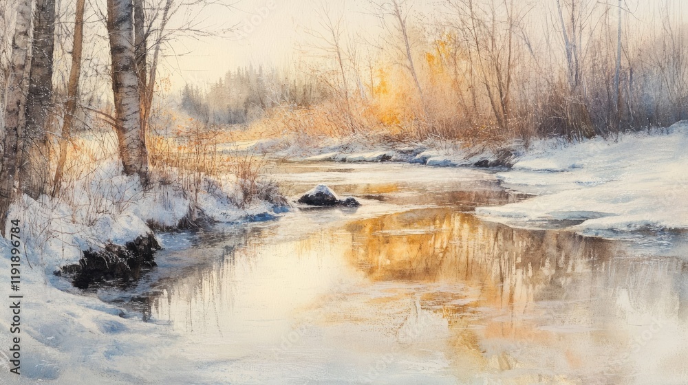 Tranquil frozen river thawing under soft sunlight, with clear water reflecting the forest above. Tranquil frozen river thawing under soft sunlight, with clear water reflecting the forest above.