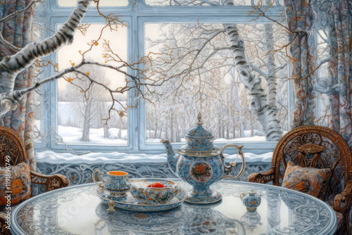 cozy winter scene inside a house overlooking a snowy forest.   photo