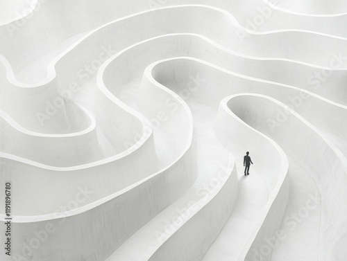 A solitary figure navigating abstract white pathways.