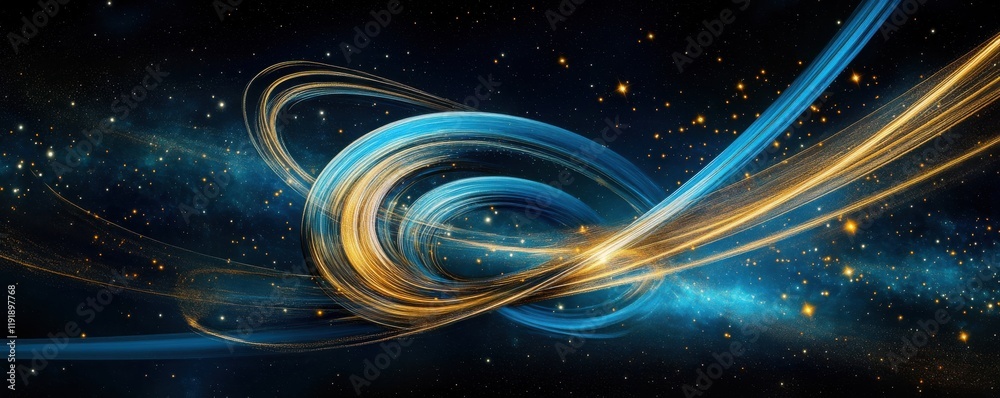 Fototapeta premium Abstract cosmic background featuring swirling blue and gold lines.