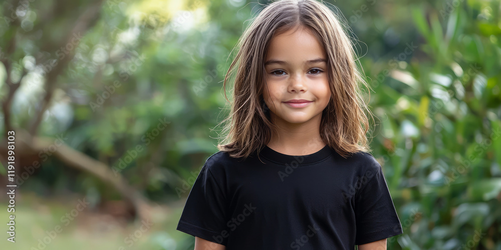 A portrait of an Australian girl child wearing a plain black t-shirt, generative AI A portrait of an Australian girl child wearing a plain black t-shirt, generative AI