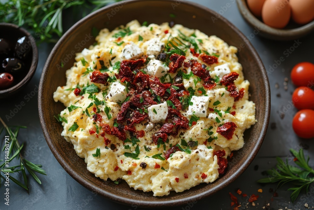 delicious breakfast scene featuring fluffy buttery scrambled eggs with feta cheese sundried tomatoes and black olives arranged on a rustic plate top view delicious breakfast scene featuring fluffy buttery scrambled eggs with feta cheese sundried tomatoes and black olives arranged on a rustic plate top view