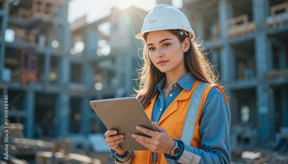 A full-body shot of a female engineer holding a tablet, standing on a construction site. Her natural skin texture with soft freckles and slight sun-kissed highlights is illuminated by natural light. A full-body shot of a female engineer holding a tablet, standing on a construction site. Her natural skin texture with soft freckles and slight sun-kissed highlights is illuminated by natural light.