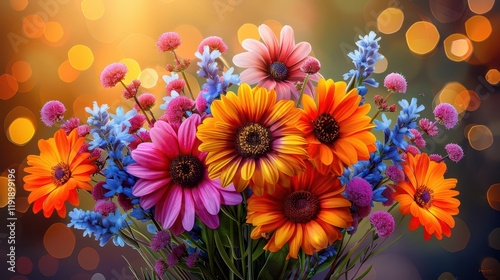 A vibrant bouquet of colorful flowers against a blurred background.