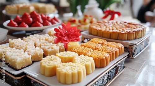 A set of traditional Chinese New Year pastries like mooncakes and pineapple tarts on a festive table