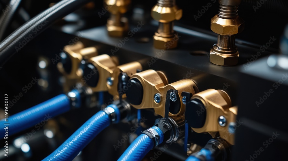 Fototapeta premium Close-up of intricate gold and blue industrial machinery components