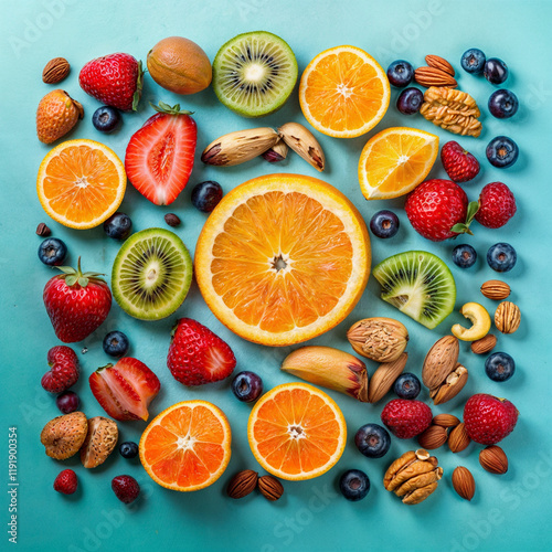 Vibrant Flat-Lay of Fresh Fruits and Nuts on Pastel Background