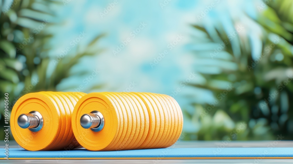 Obraz premium Bright Yellow Dumbbells on a Blue Surface with Green Foliage Background