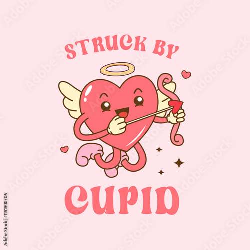 Retro groovy cartoon struck by cupid quotes happy valentines day card template design