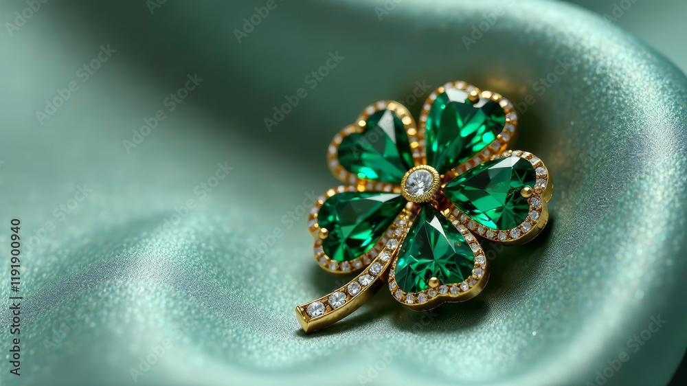 Fototapeta premium Saint Patricks Day green and gold jewelry brooch of shamrock or clover on a light green background, a symbol of the holiday
