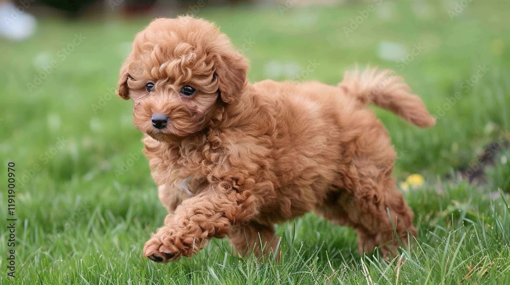 An adorable brown poodle puppy dog sprinting merrily on the grass, displaying its youthful energy and lively charm. A heart - warming scene of a puppy at play. An adorable brown poodle puppy dog sprinting merrily on the grass, displaying its youthful energy and lively charm. A heart - warming scene of a puppy at play.