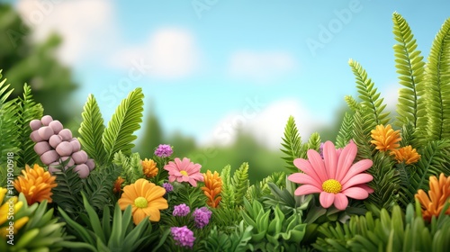 Colorful Garden Scene with Vibrant Flowers and Lush Green Foliage