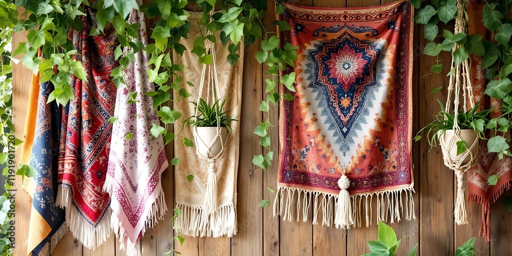 Fototapeta premium Bohemian wall hangings, plants, wooden background. Home decor, interior design