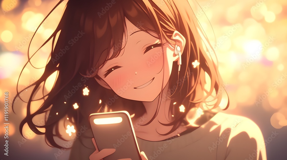 Anime girl with a soft smile, holding a phone and glowing with happiness from the screen