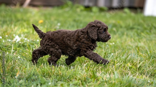 An adorable brown poodle puppy dog sprinting merrily on the grass, displaying its youthful energy and lively charm. A heart - warming scene of a puppy at play. photo