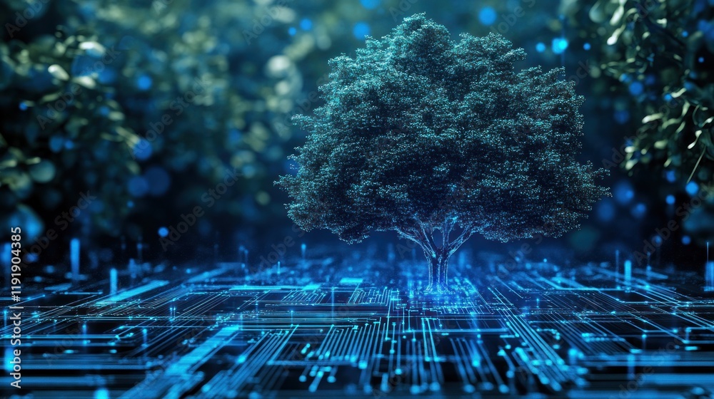 Obraz premium Digital Tree in a Technological Forest: Nature Meets Technology