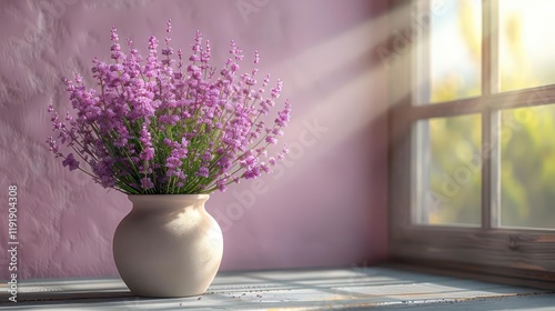 A serene scene featuring a vase of purple flowers on a windowsill with soft sunlight.