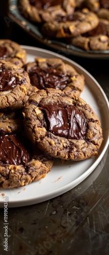 Wallpaper Mural Chocolate-stuffed crunchy cookies gooey centers oozing.  Dark background dramatically highlights the cookies on a white plate.  Sweet treat perfection. Torontodigital.ca