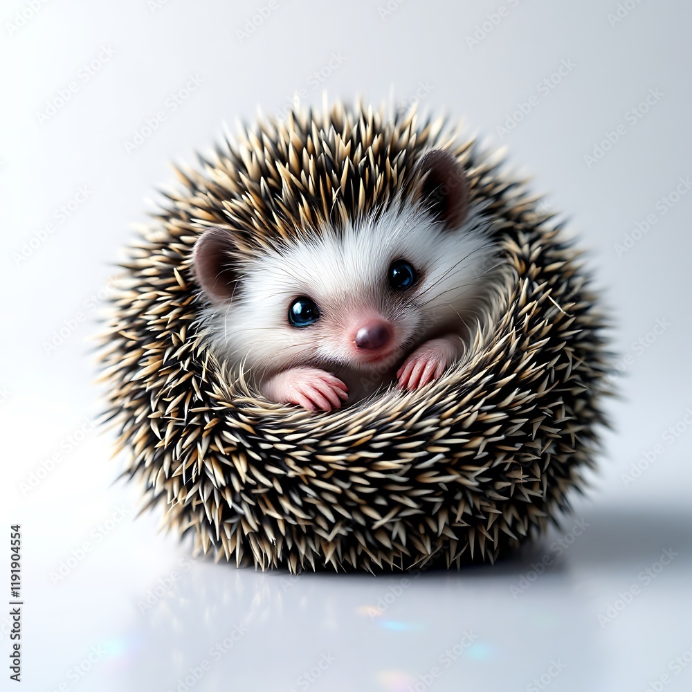 Obraz premium Cute hedgehog curled, studio shot, white background, pet animal