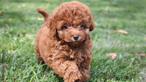 An adorable brown poodle puppy dog sprinting merrily on the grass, displaying its youthful energy and lively charm. A heart - warming scene of a puppy at play. photo