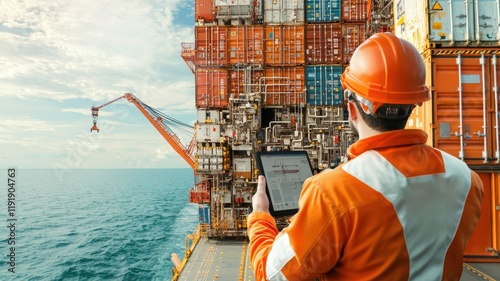 Worker checks shipping containers on cargo ship at sea.