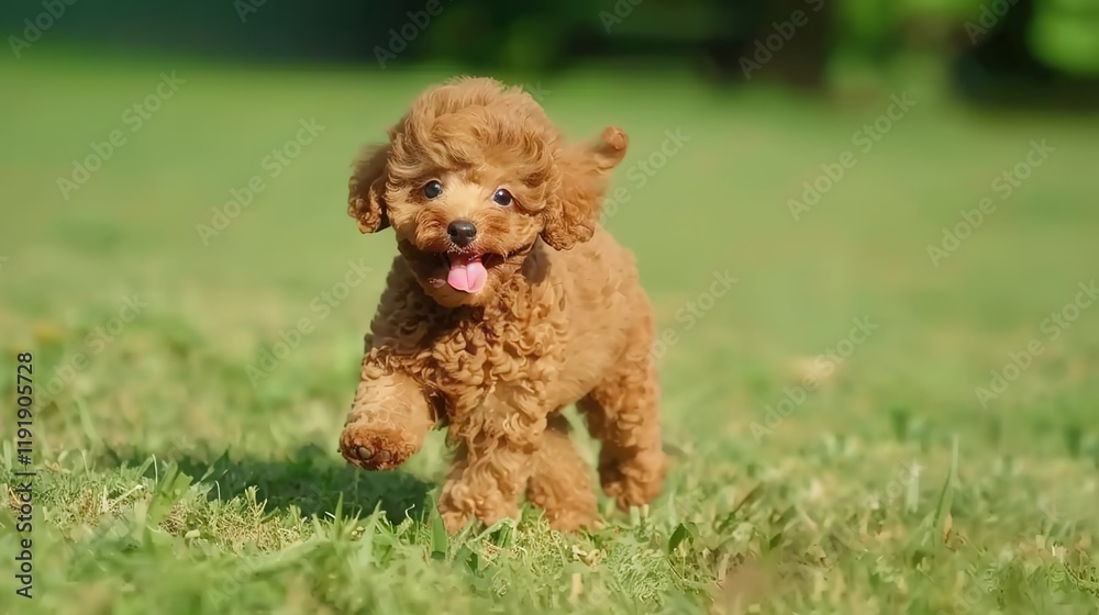 An adorable brown poodle puppy dog sprinting merrily on the grass, displaying its youthful energy and lively charm. A heart - warming scene of a puppy at play. An adorable brown poodle puppy dog sprinting merrily on the grass, displaying its youthful energy and lively charm. A heart - warming scene of a puppy at play.
