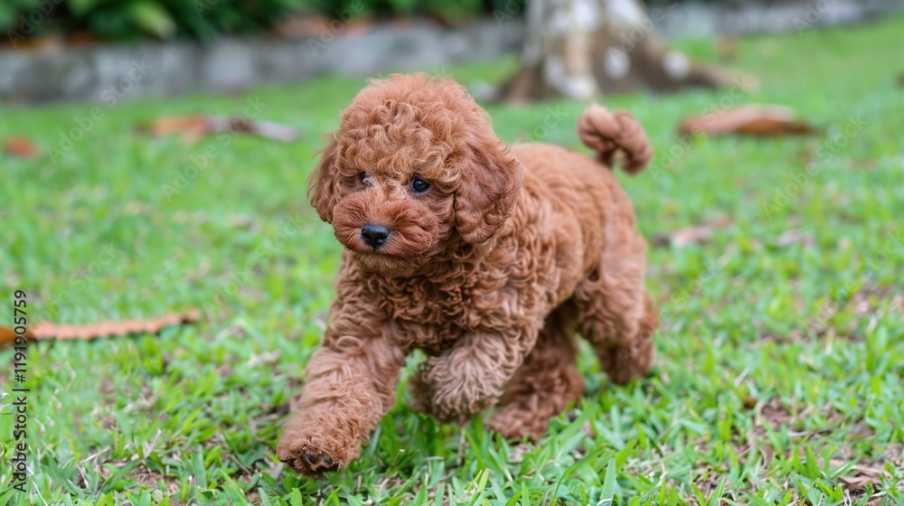 An adorable brown poodle puppy dog sprinting merrily on the grass, displaying its youthful energy and lively charm. A heart - warming scene of a puppy at play. An adorable brown poodle puppy dog sprinting merrily on the grass, displaying its youthful energy and lively charm. A heart - warming scene of a puppy at play.
