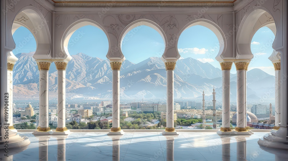 Fototapeta premium A serene view from an ornate archway overlooking mountains and a cityscape.