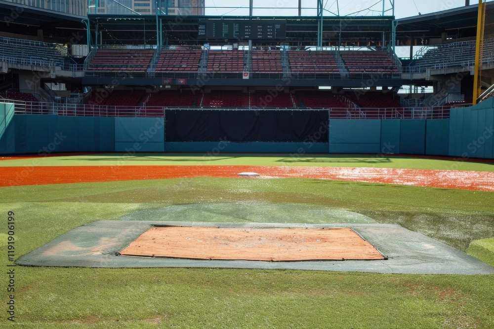 Obraz premium Empty bullpen professional baseball stadium. Practiced pitcher's mound awaits. Stadium atmosphere quality. Lush green field.